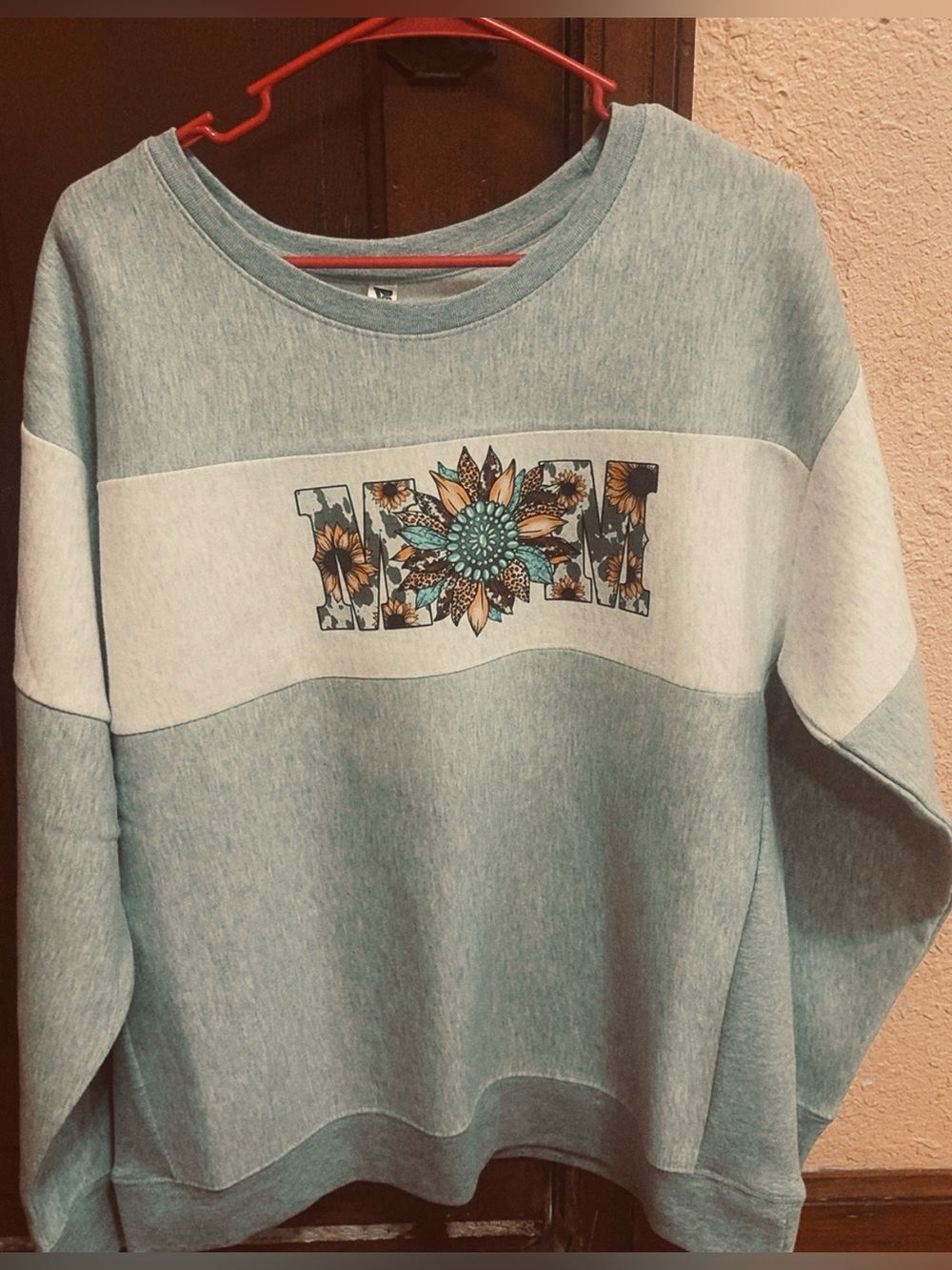 Light Blue & White Crewneck Sweater with Floral Sunflower Graphic